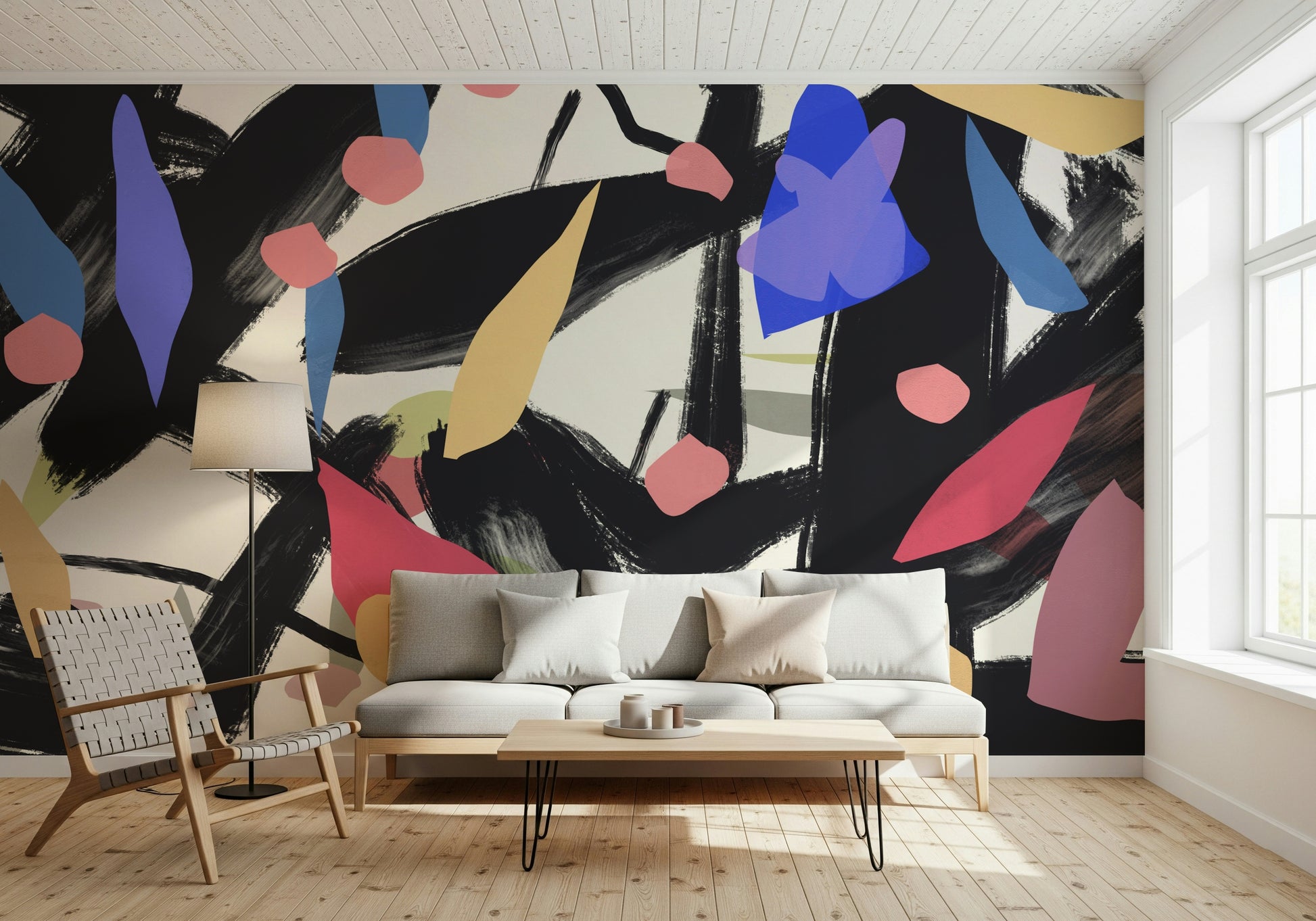 A beautiful modern art wall mural of delicate lines.
