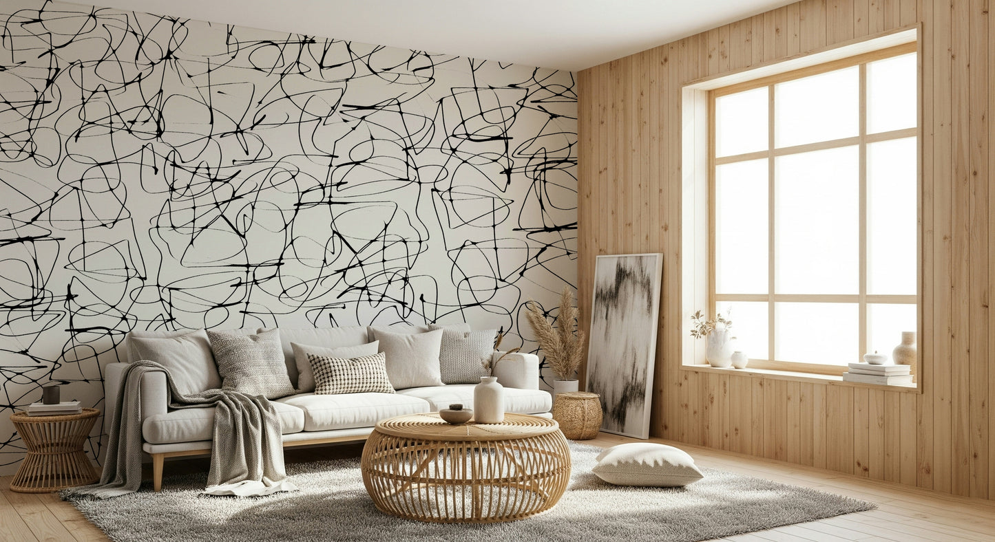 A contemplative gentle line wallpaper mural for a feature wall.