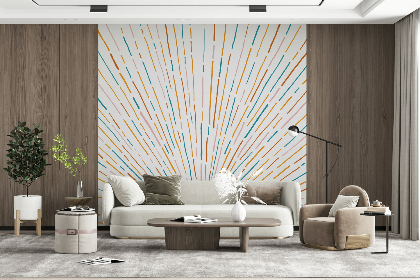 A peaceful modern abstract mural on decorative wallpaper.