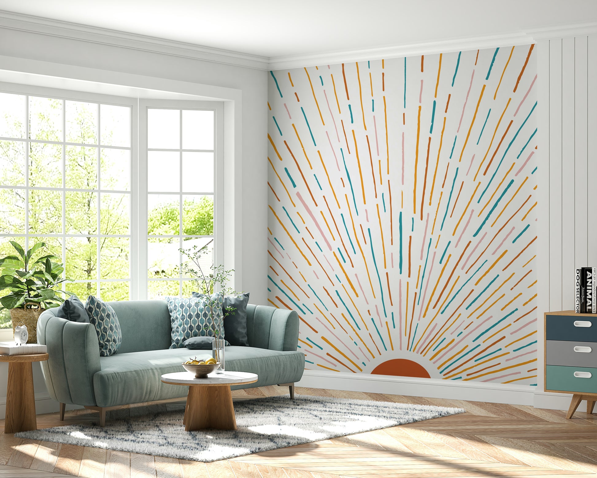 A beautiful abstract sunrise wallpaper mural with a burst of warm light.