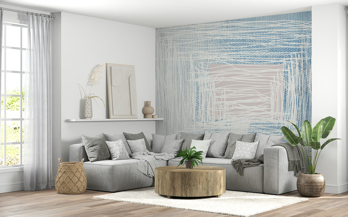 A calming abstract design wallpaper mural that defines a space.