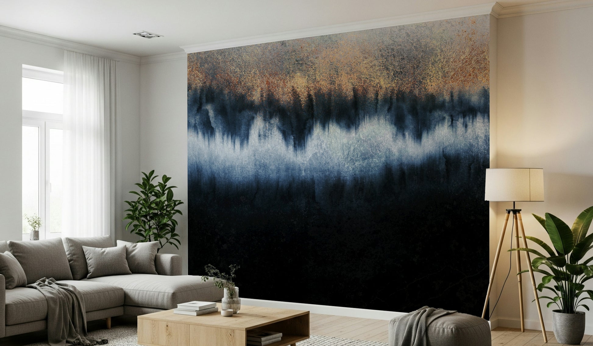A calming abstract design wallpaper mural that defines a space.
