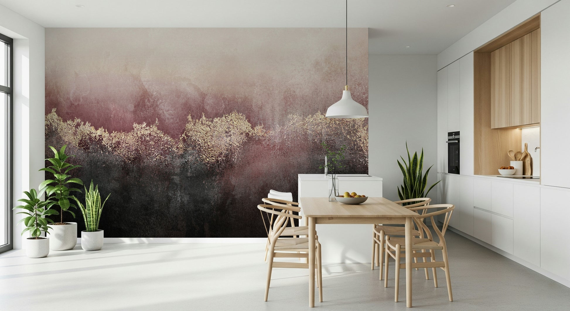 A serene subtle flower wall mural in soft, dusky pink tones.