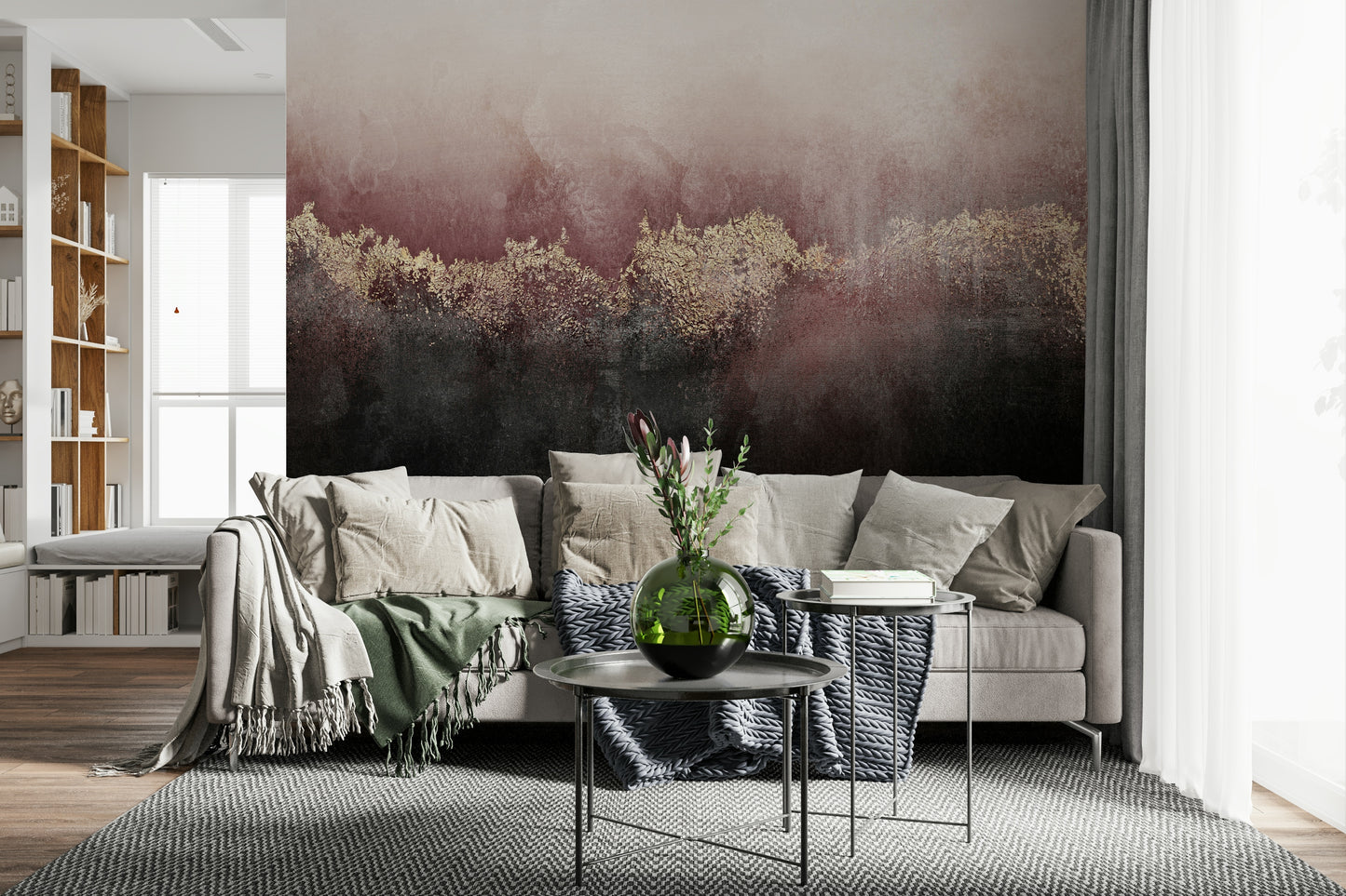A graceful subtle flower wall mural in rich, lavish tones.