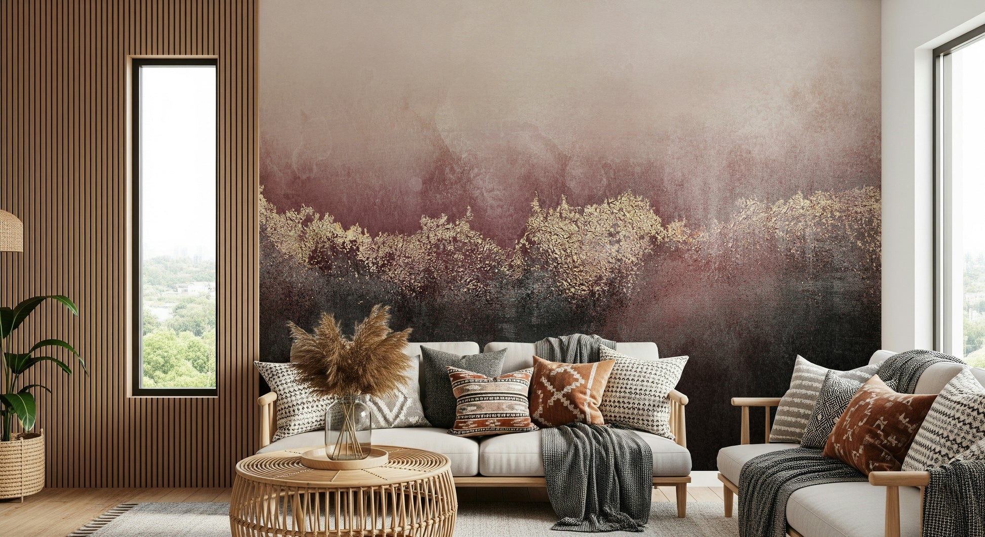 A peaceful flower design mural on decorative wallpaper.