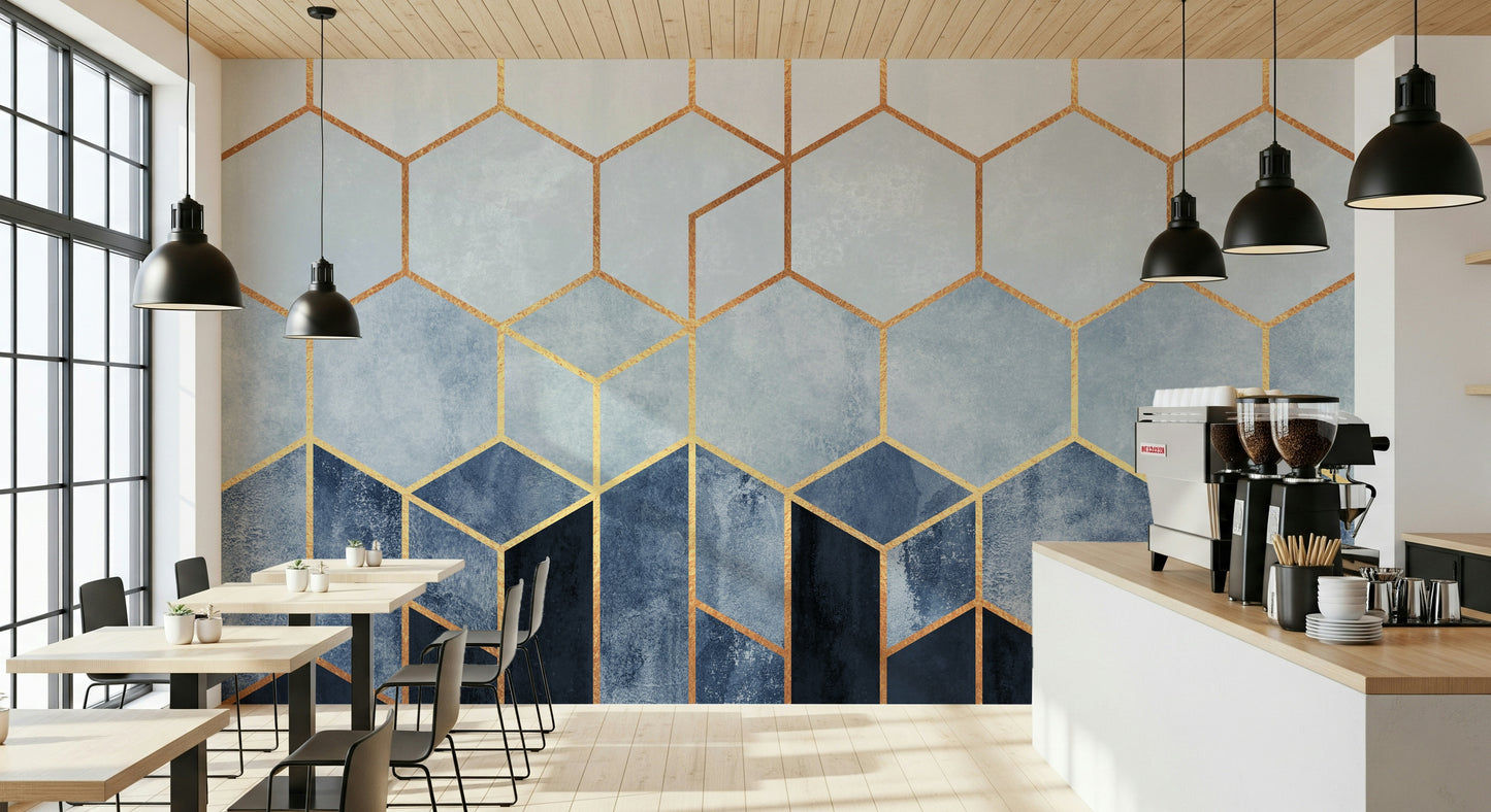 A contemplative geometric design wallpaper mural for a feature wall.