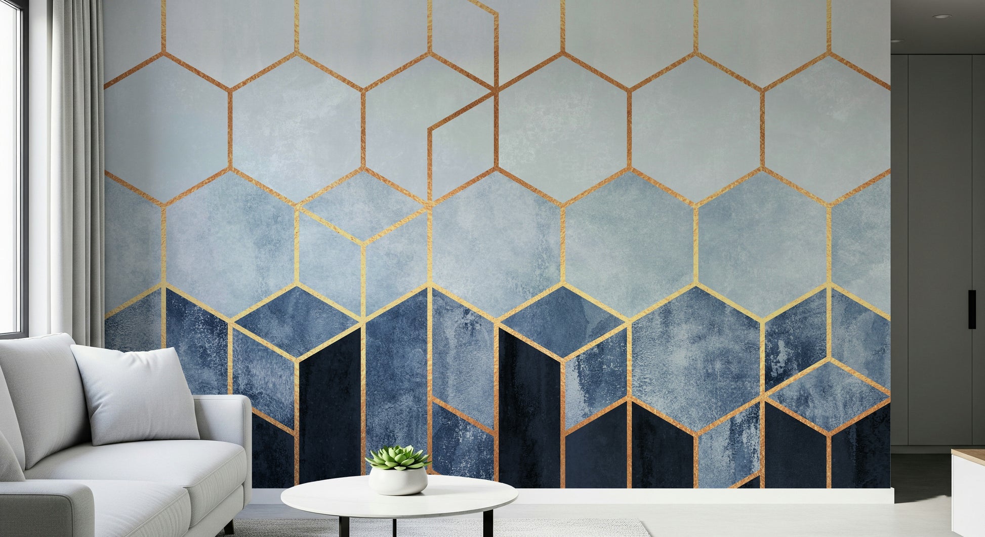 An artistic modern geometric mural on luxury wallpaper.