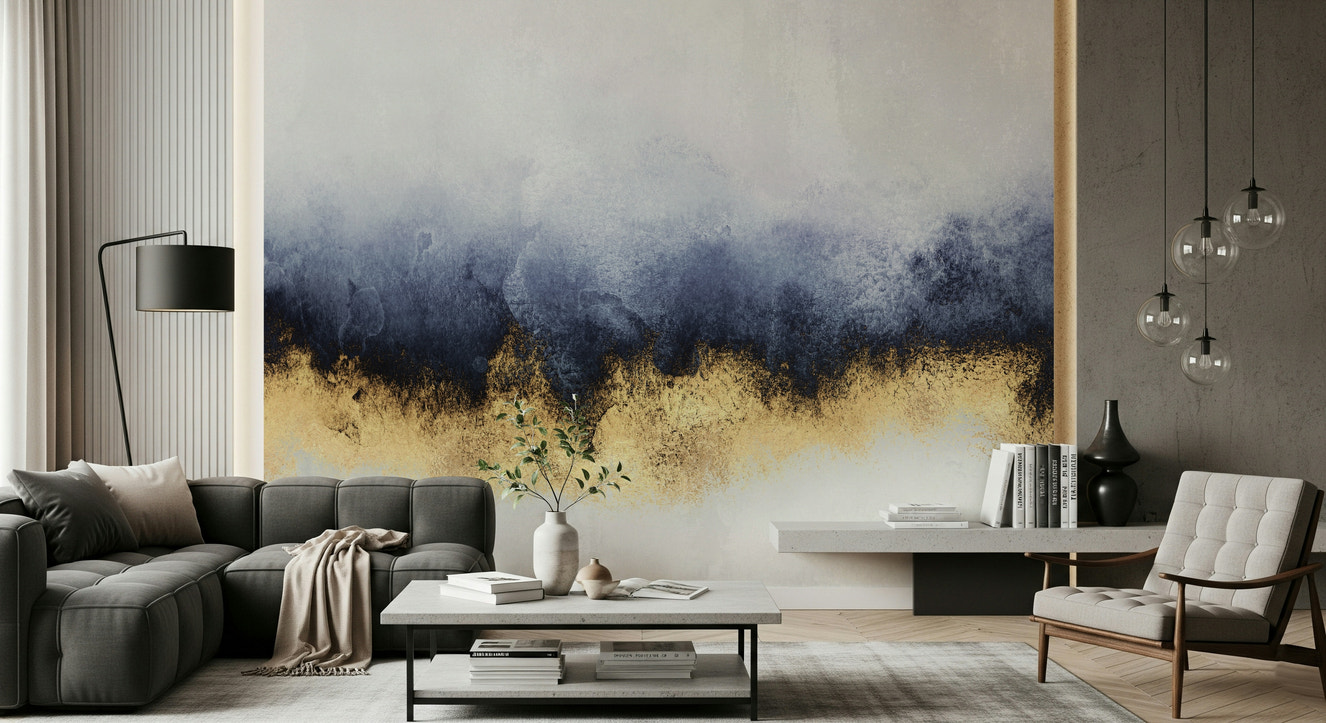 A beautiful abstract gold and azure wallpaper mural for a modern home.