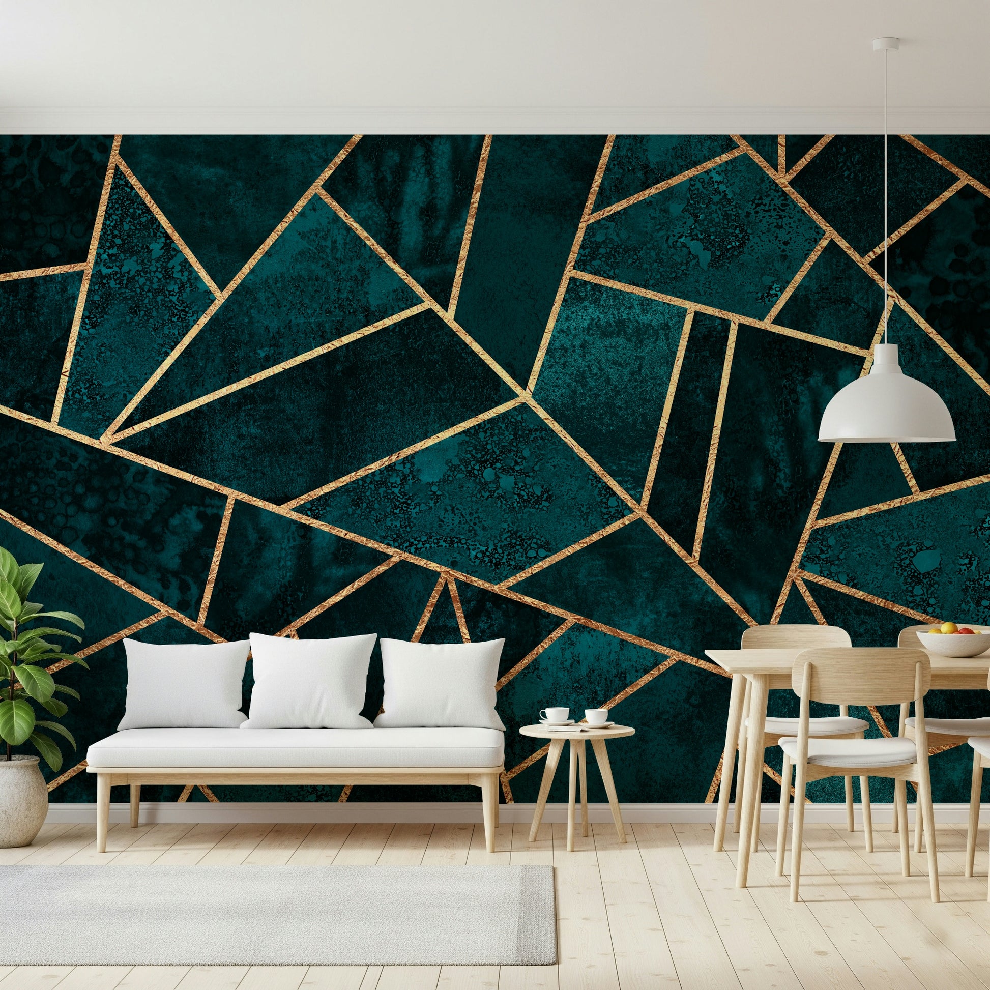 A beautiful emerald and gold geometric wallpaper mural for a modern home.