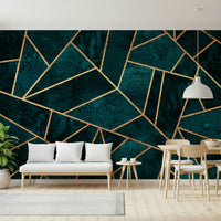 A beautiful emerald and gold geometric wallpaper mural for a modern home.