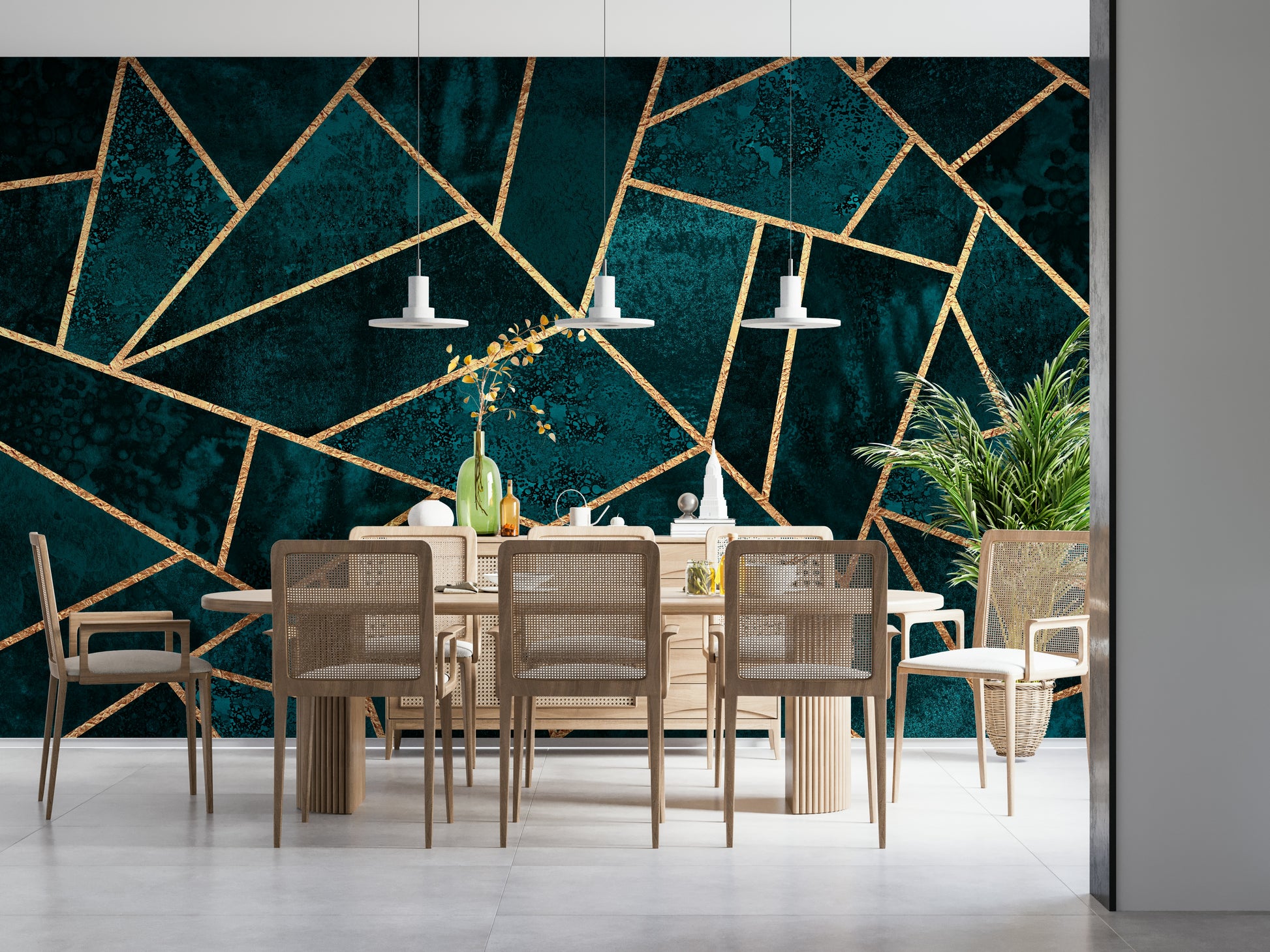 An artistic modern block mural on luxury wallpaper.
