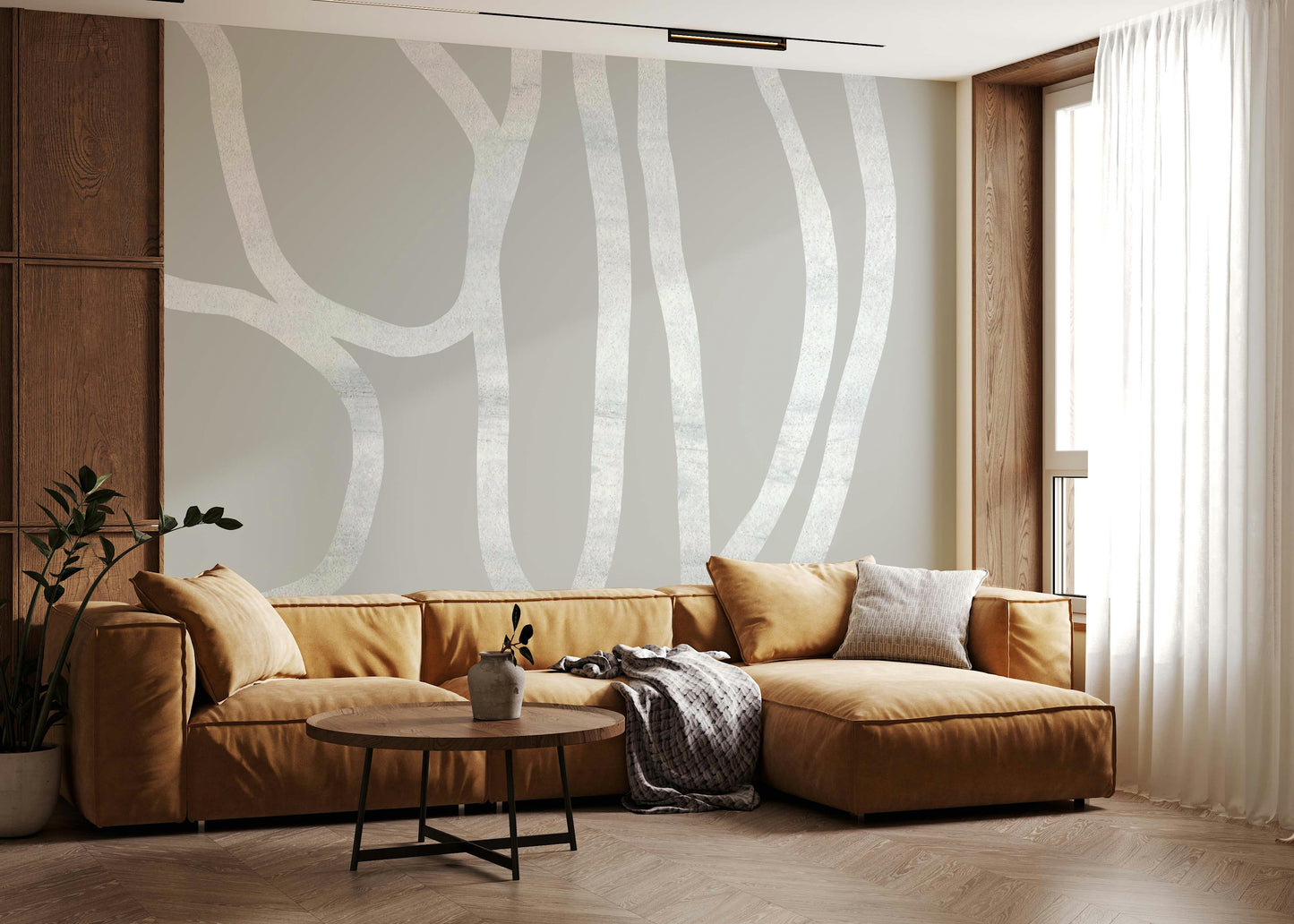 An artistic minimalist form mural for home decor.