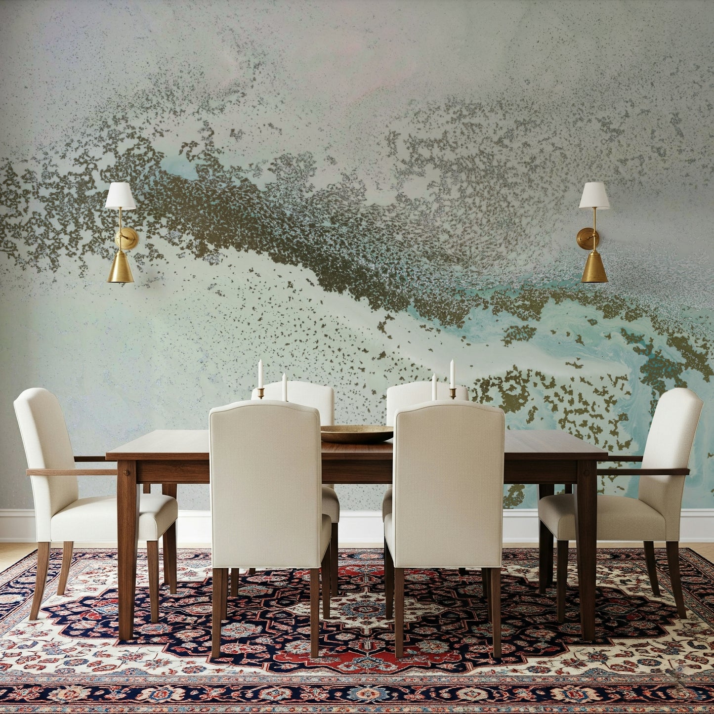 A peaceful modern abstract mural on decorative wallpaper.
