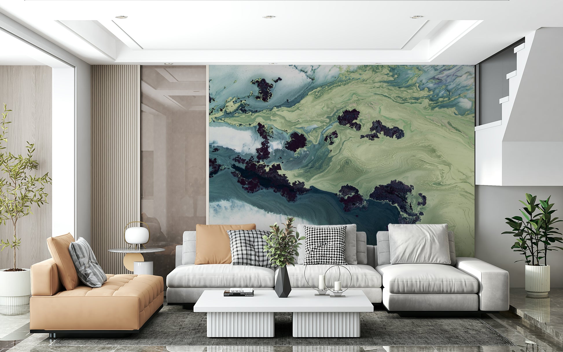 A graceful subtle pattern wall mural in cool, neutral tones.