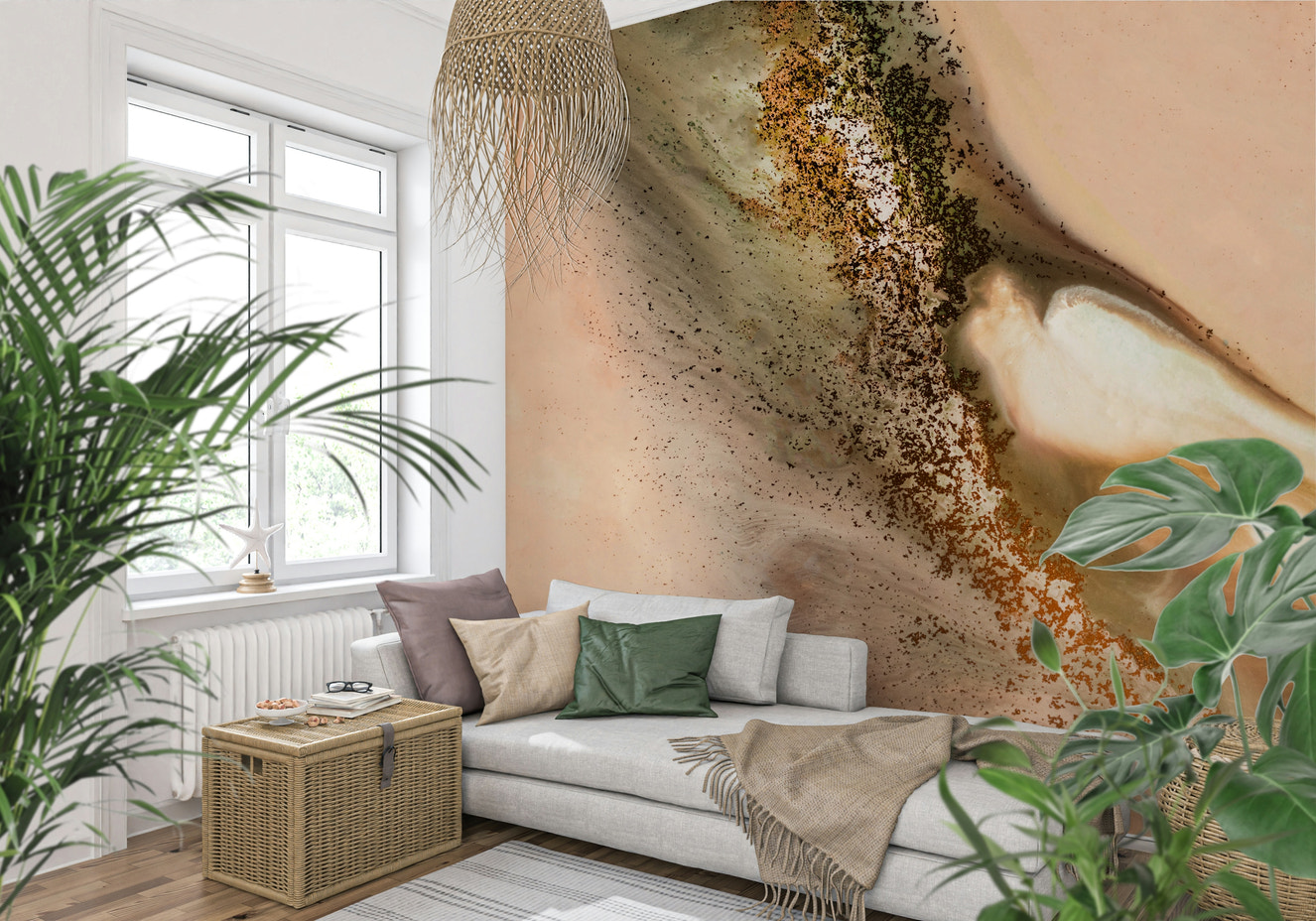 A beautiful abstract texture wallpaper mural with gilded, sandy tones.