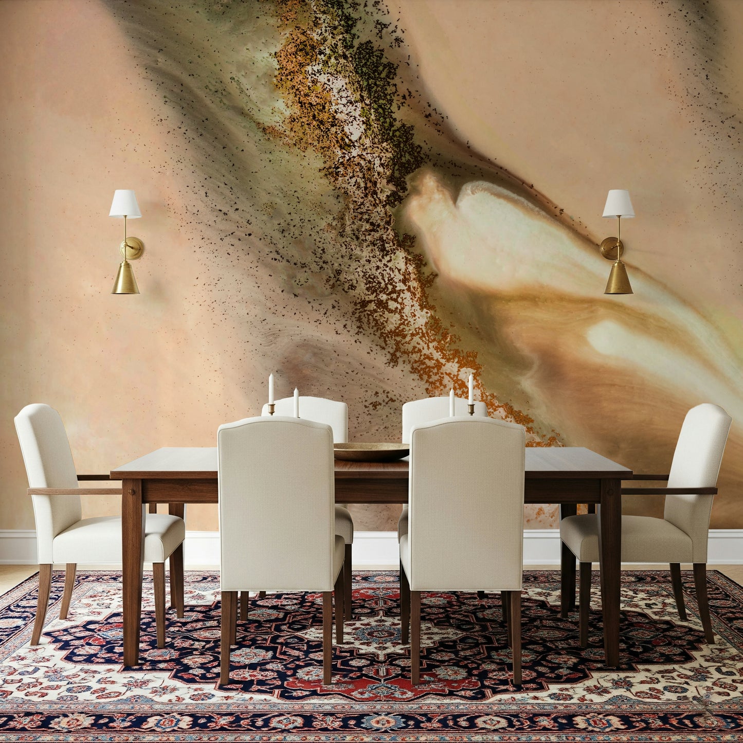 An artistic soft focus mural on luxury wallpaper.