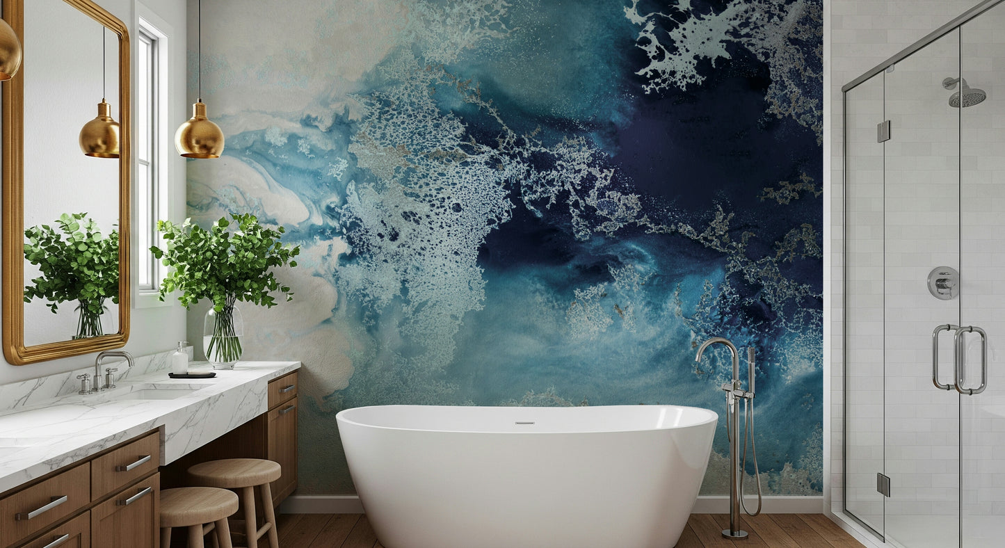 A calming underwater design wallpaper mural that defines a space.