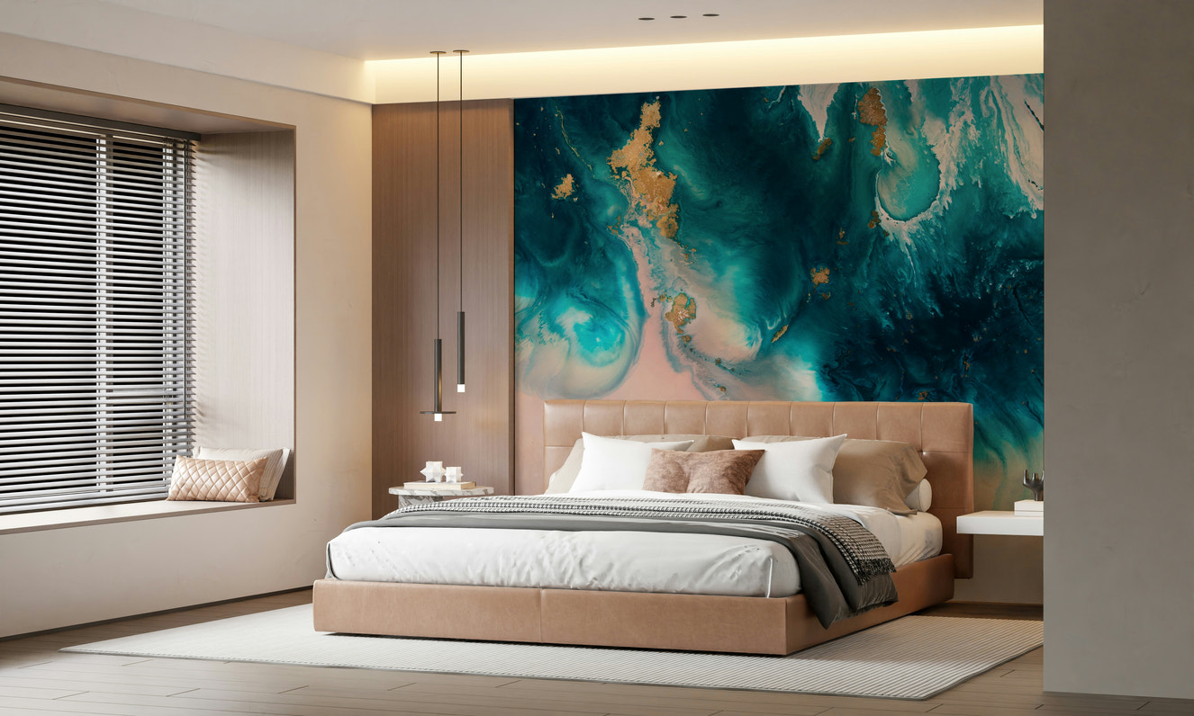A beautiful abstract gold and azure wallpaper mural with subtle gold veining.
