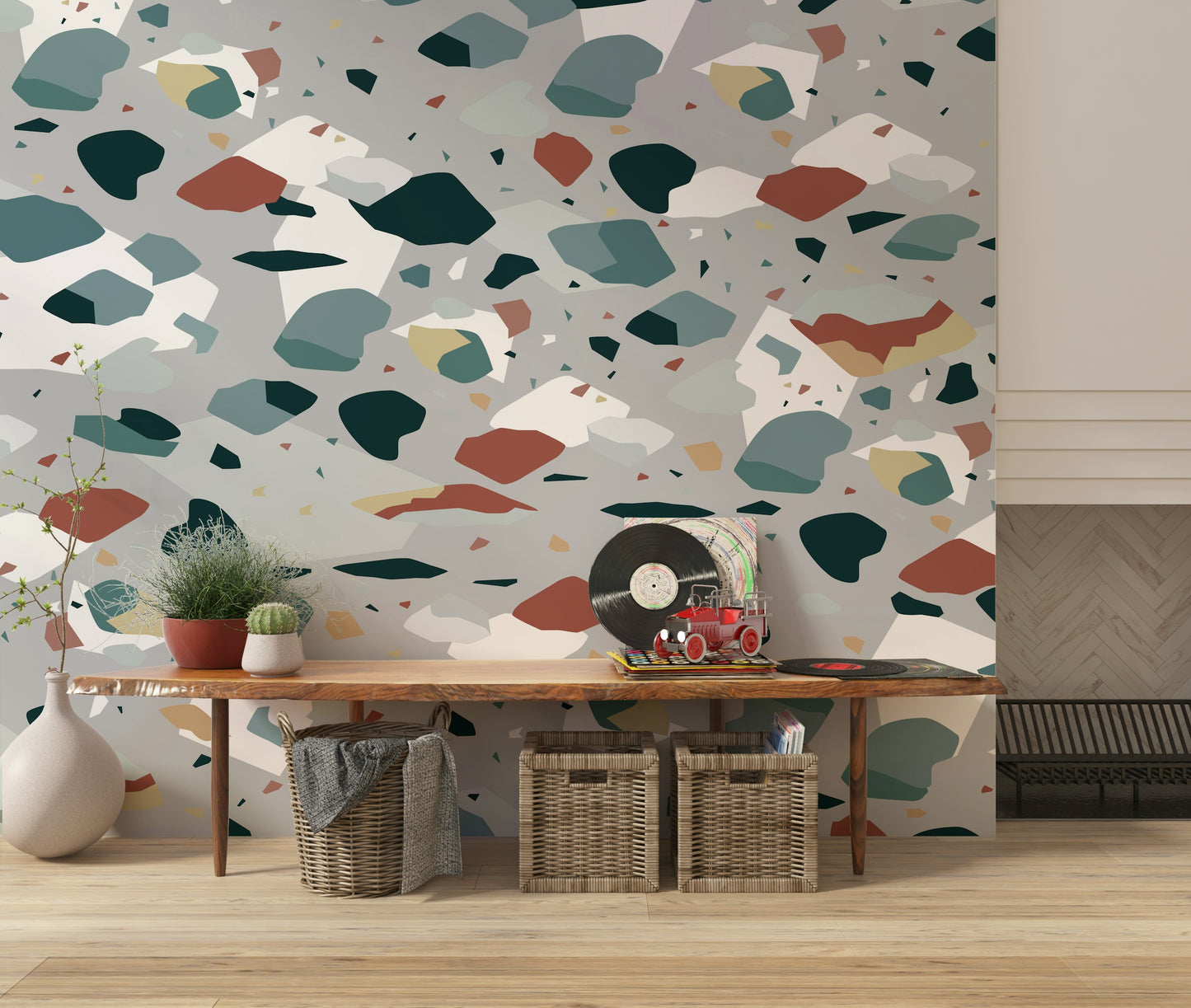 A calming abstract design wallpaper mural that defines a space.