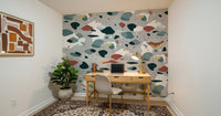 A peaceful modern abstract mural on decorative wallpaper.