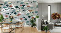 A graceful subtle geometric wall mural in cool, neutral tones.