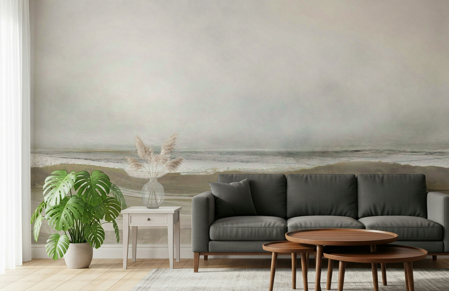 A beautiful abstract ocean wallpaper mural with fluid, brushstroke lines.