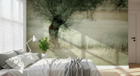 A peaceful open country mural on decorative wallpaper.