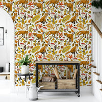 Kids’ wallpaper with friendly foxes and autumnal scenery in soft, neutral tones.