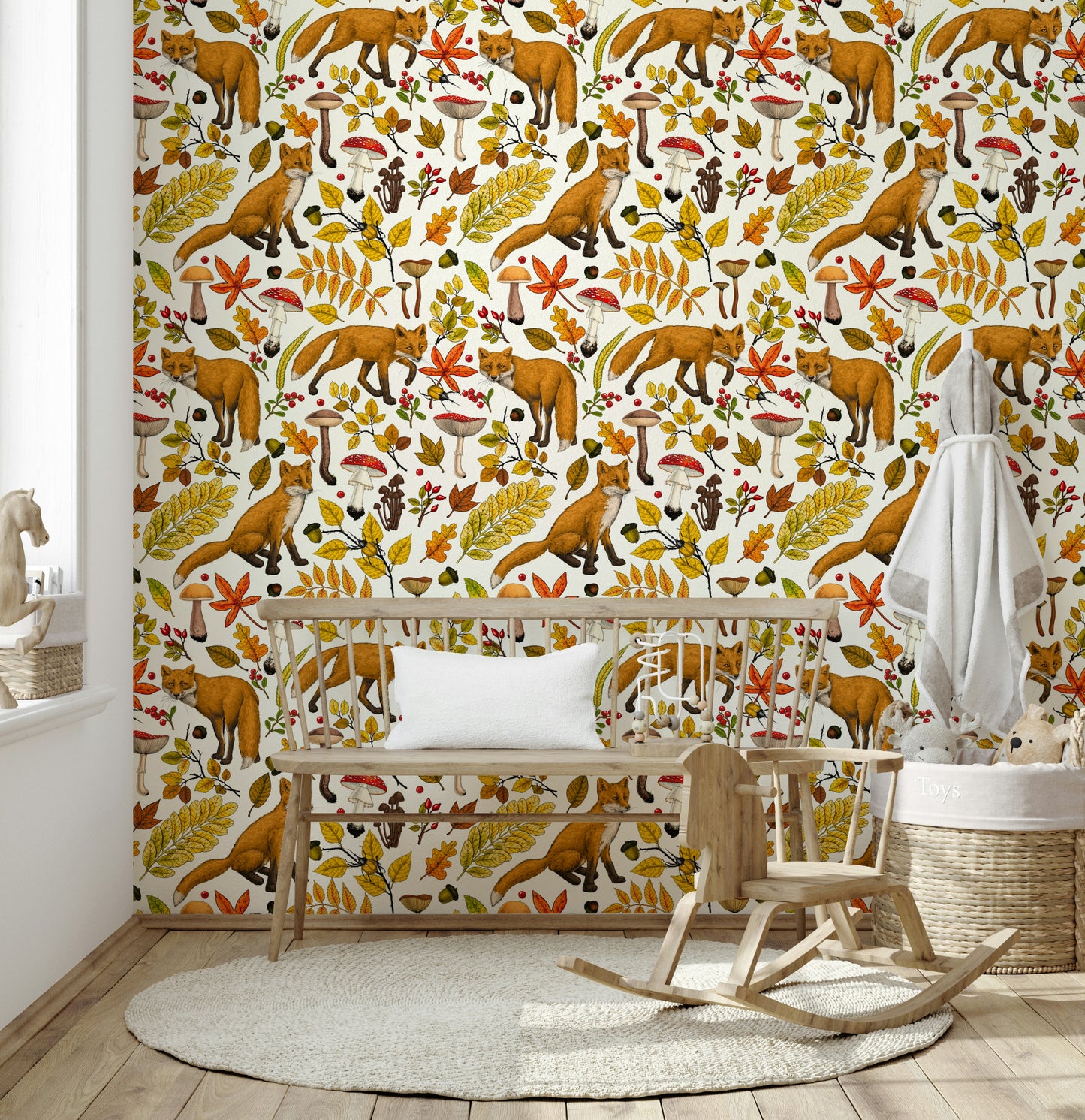 Nature-inspired wall mural with foxes surrounded by autumn leaves on a natural white background.