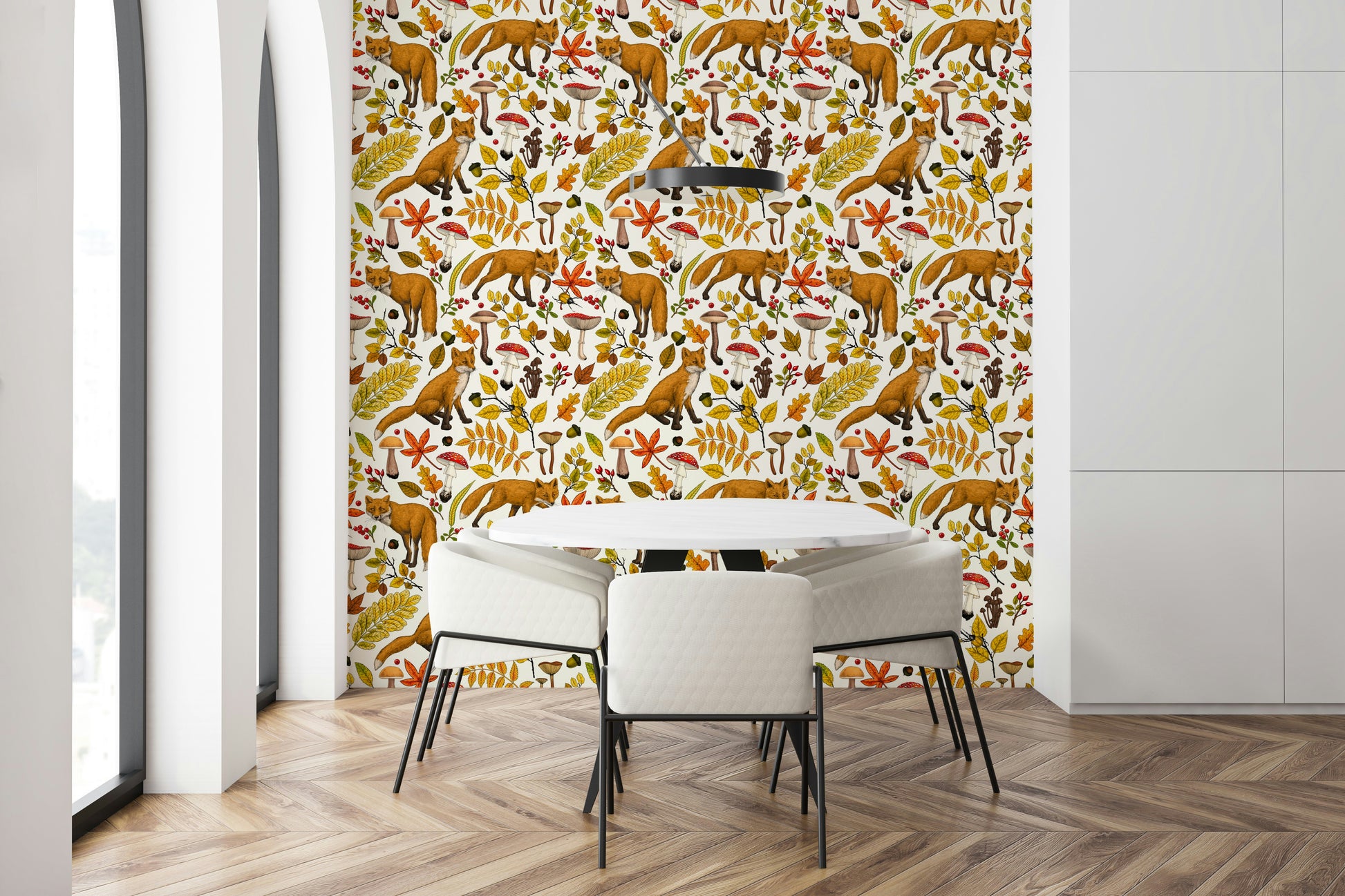 Autumn Foxes Wallpaper — charming woodland animals in warm fall tones on white.