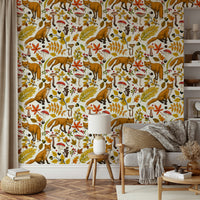 Autumn Foxes Wallpaper featuring playful foxes in red, orange, and brown hues on white.