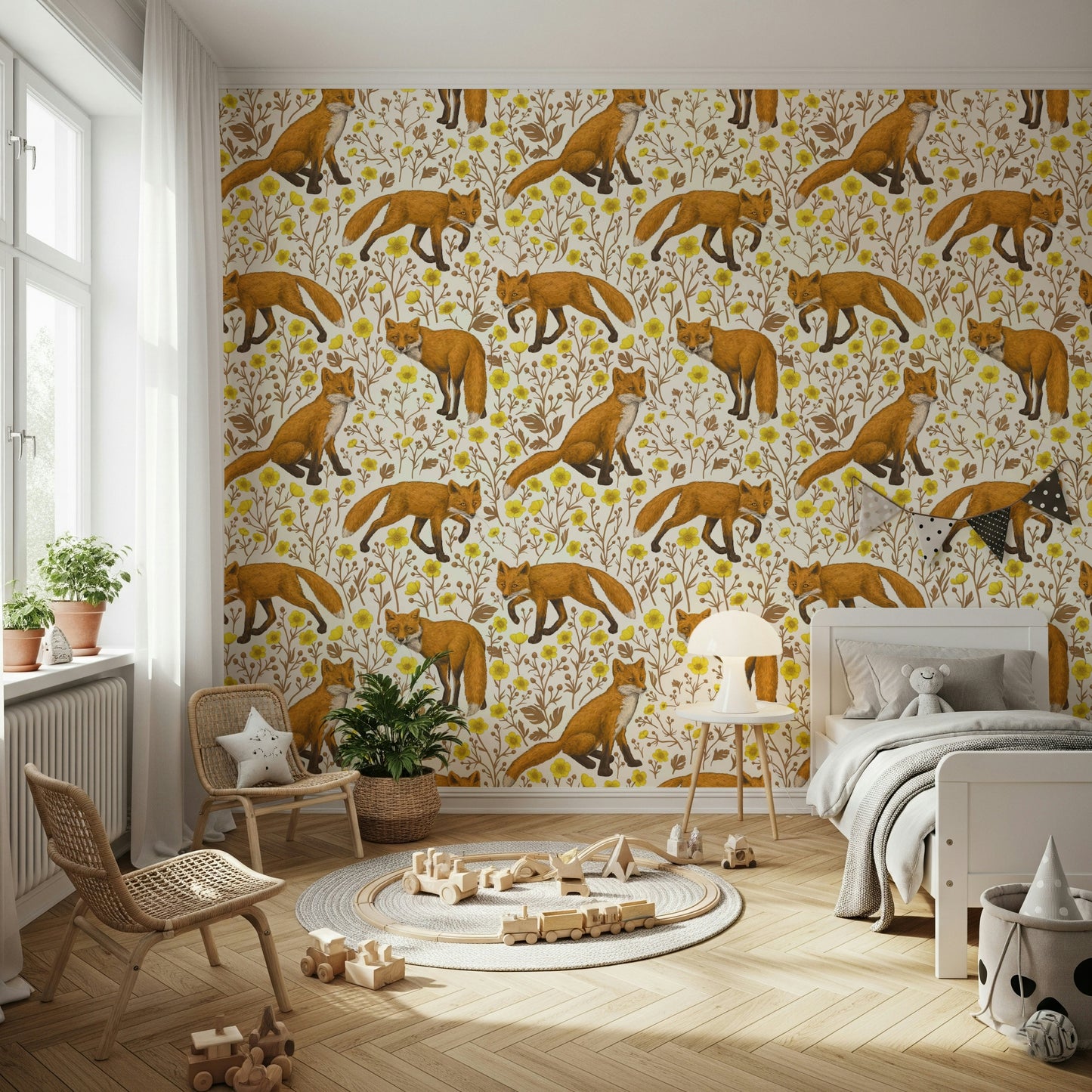 Decorative wall mural with whimsical foxes and blooming buttercups in a soft, neutral setting.