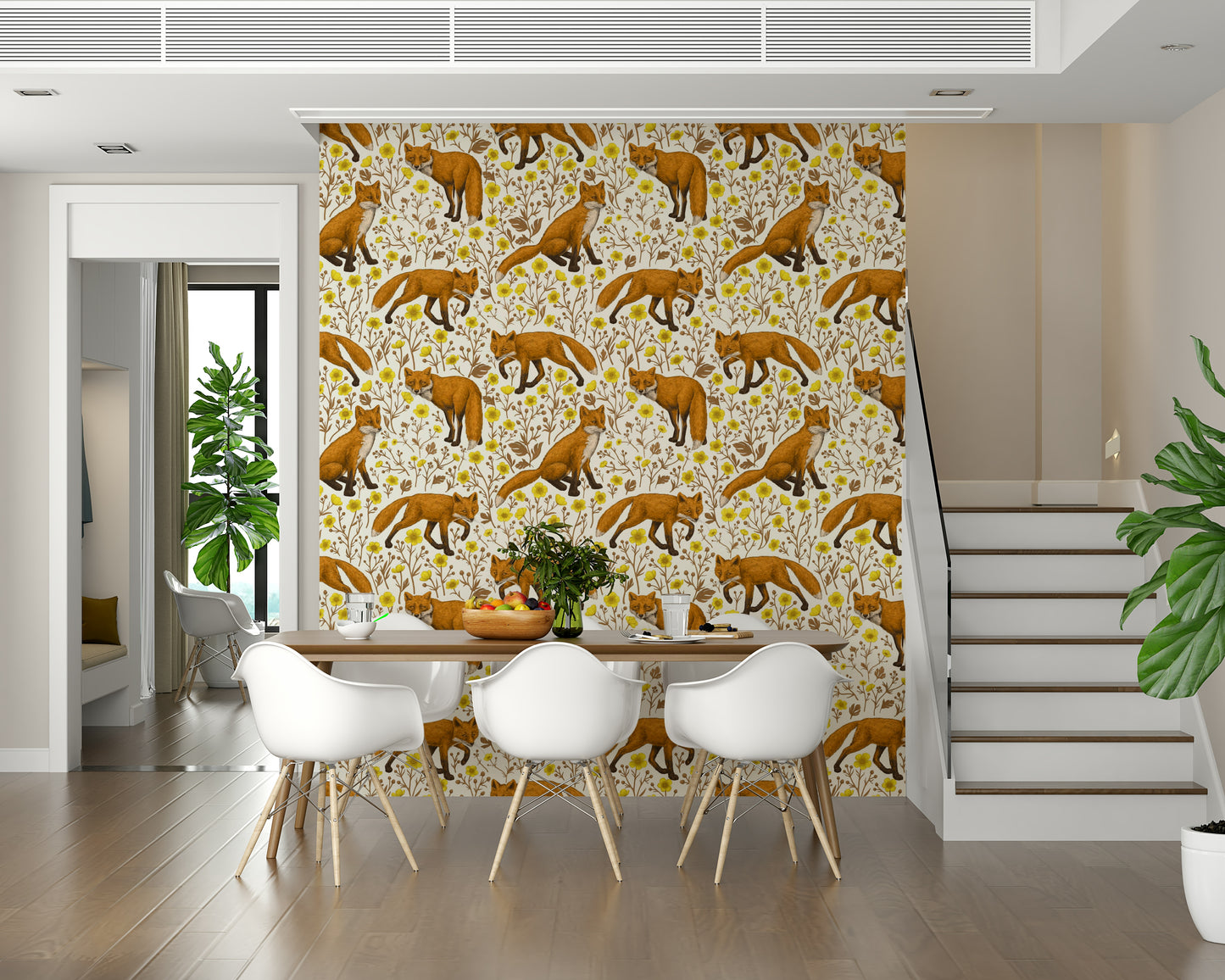 Kids’ wallpaper featuring friendly foxes and vibrant buttercups on a natural white backdrop.