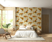 Whimsical nature-themed wallpaper with foxes roaming among yellow flowers.