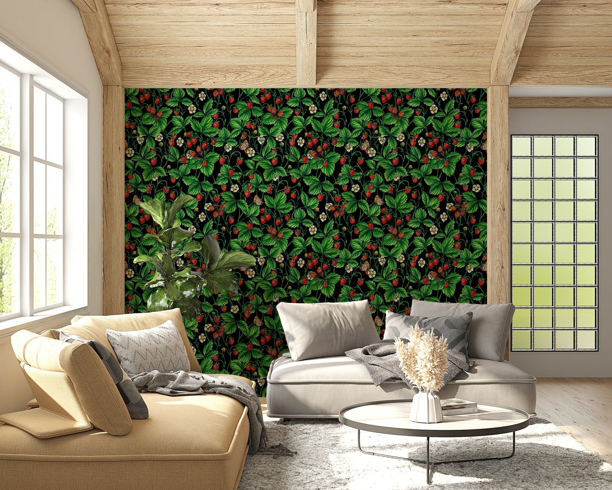 Whimsical garden-themed wallpaper with roses and butterflies in soft, soothing colors.