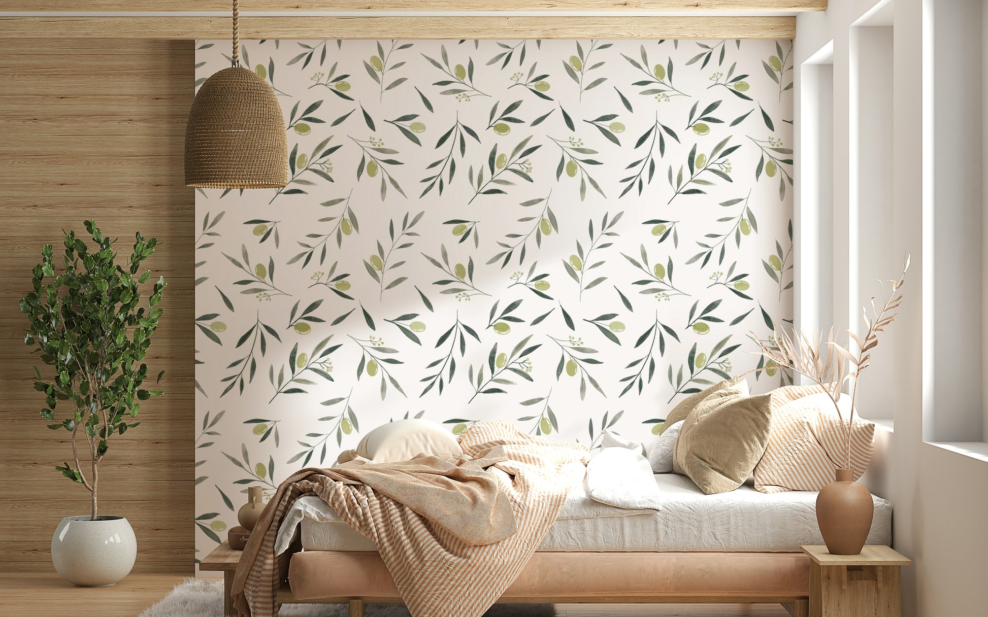 Wall mural with artistic olive leaves and fruit in delicate watercolor style.