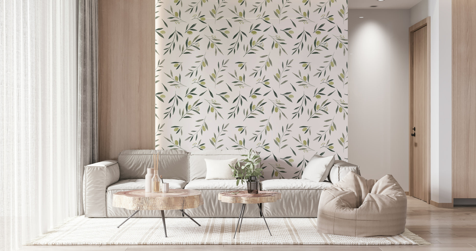 Watercolor botanical wallpaper with olive branches, leaves, and ripe fruits for natural, serene decor.