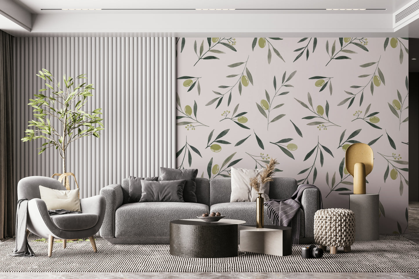 Watercolor Olive Garden Leaves and Fruit Wallpaper featuring hand-painted olive branches and ripe olives.