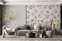 Watercolor Olive Garden Leaves and Fruit Wallpaper featuring hand-painted olive branches and ripe olives.