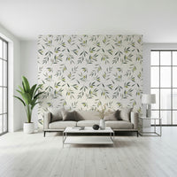 Decorative mural with watercolor olive branches, leaves, and ripe olives for kitchen or dining spaces.