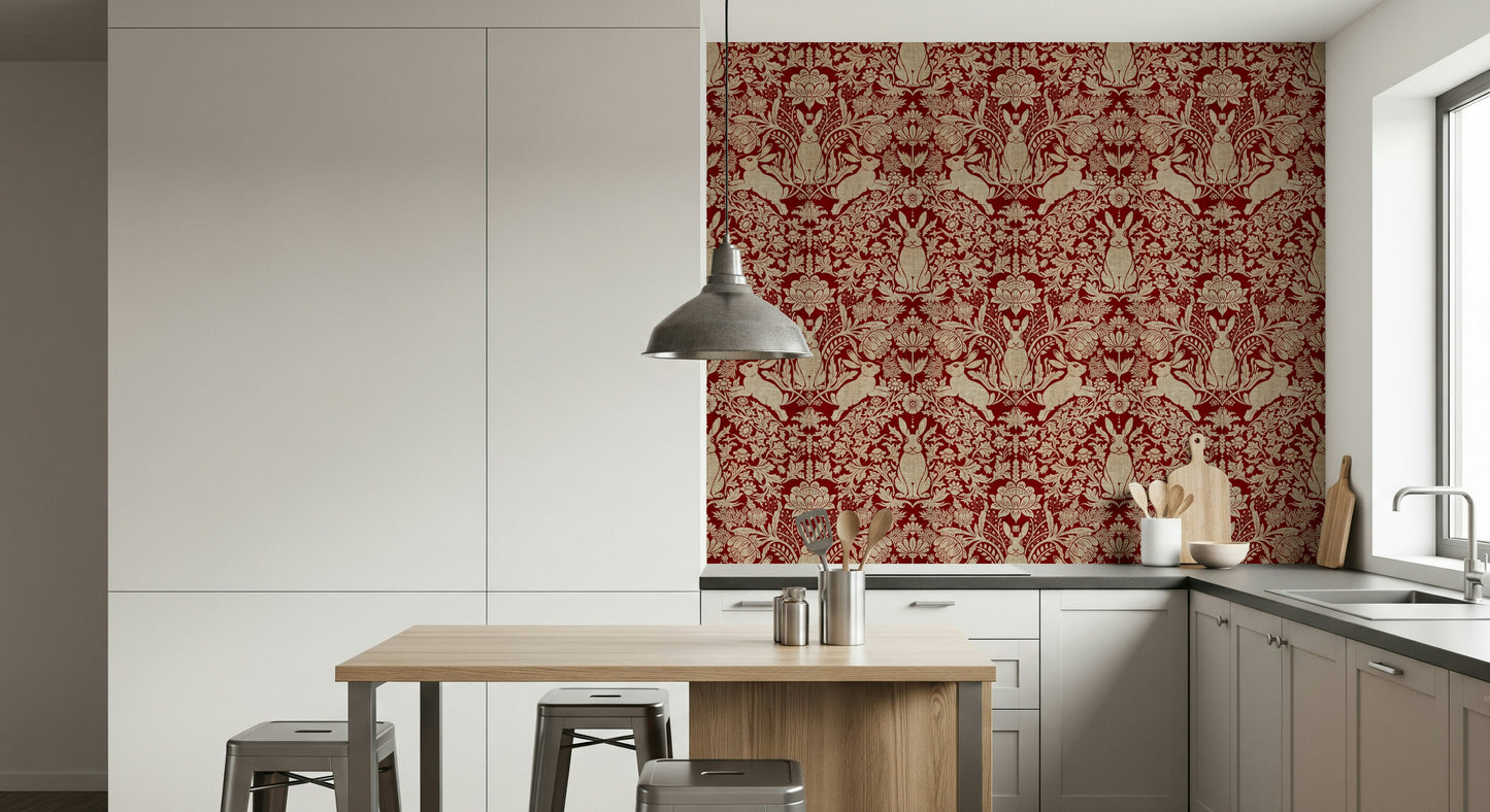 Artistic floral wallpaper with bright red blooms and a sweet bunny illustration.