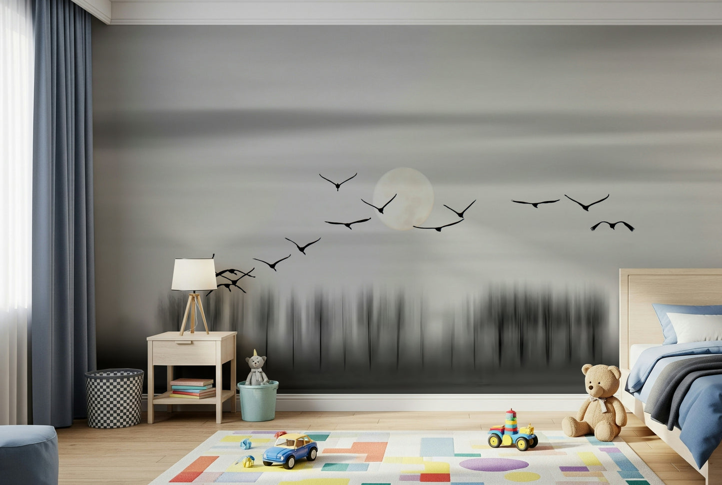 Lunar Flight Wall Mural featuring a glowing moon with birds soaring across a night sky.