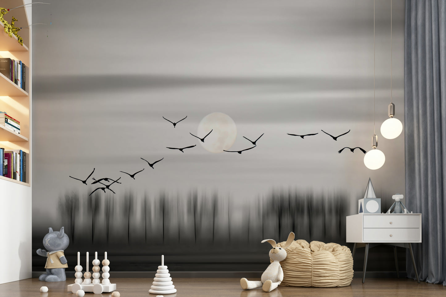 Celestial-inspired wallpaper with the moon illuminating birds in elegant flight.