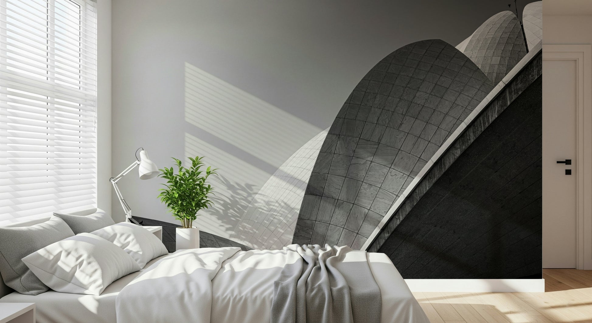 Modern wallpaper combining organic floral shapes with structured geometric lines.