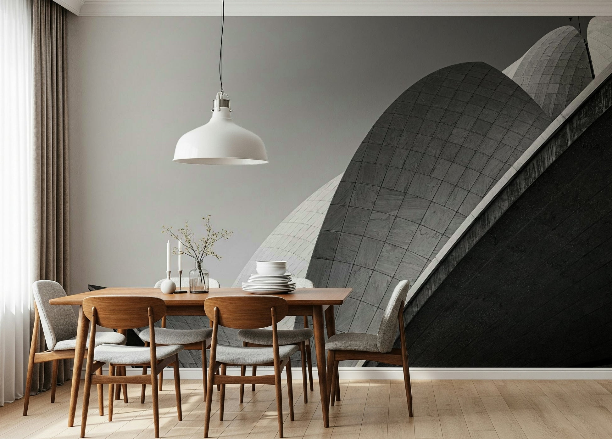 Decorative wall mural showcasing abstract petals integrated into modern architectural designs.