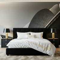 Wall mural depicting abstract petals layered over architectural-inspired motifs.