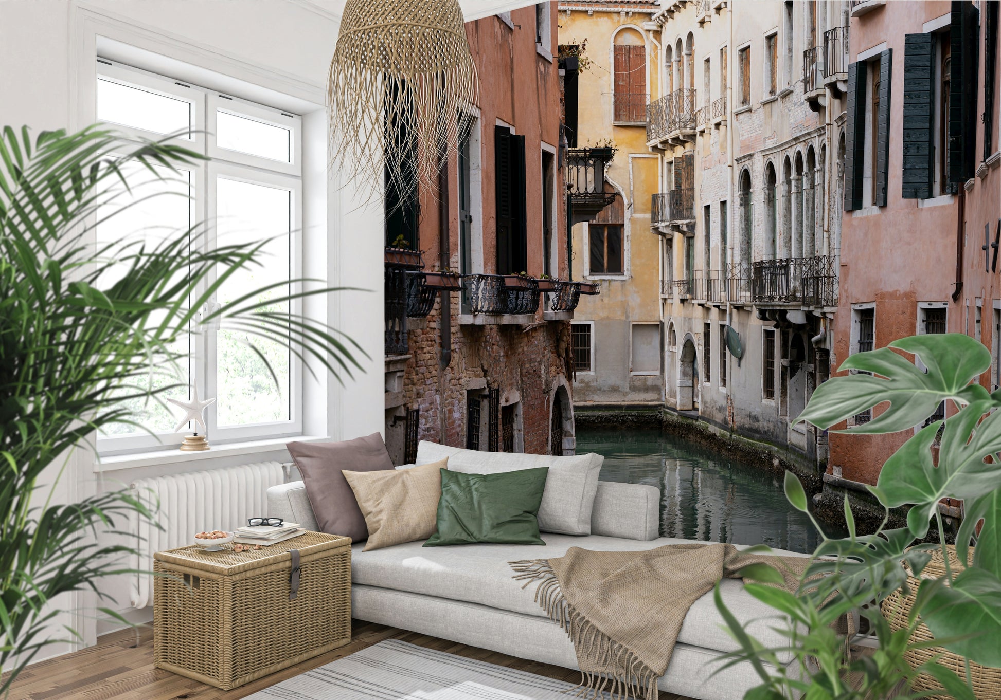 Wall mural with a panoramic view of Venice canals, bridges, and traditional buildings.