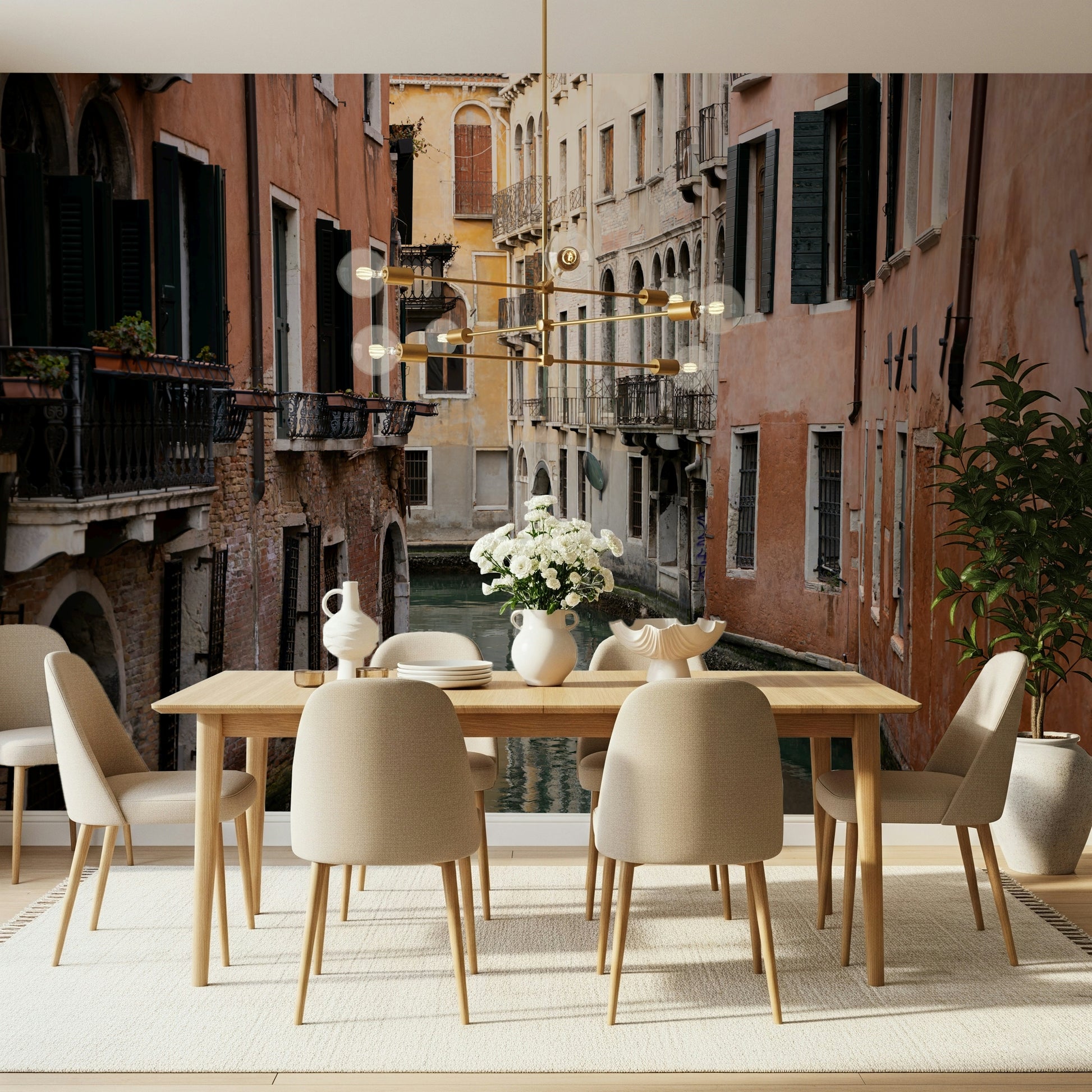 Venetian Canal Vista Wall Mural featuring picturesque canals and colorful buildings in Venice.