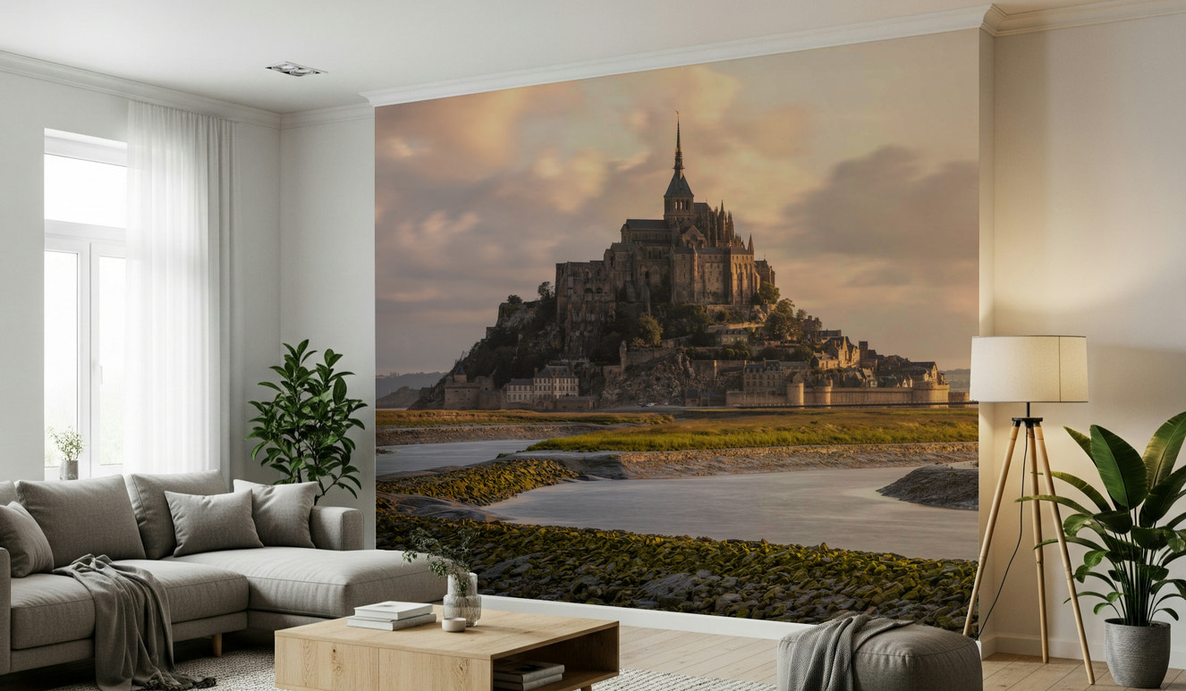 Mont Saint-Michel Dawn Wall Mural featuring the iconic island and abbey at sunrise.
