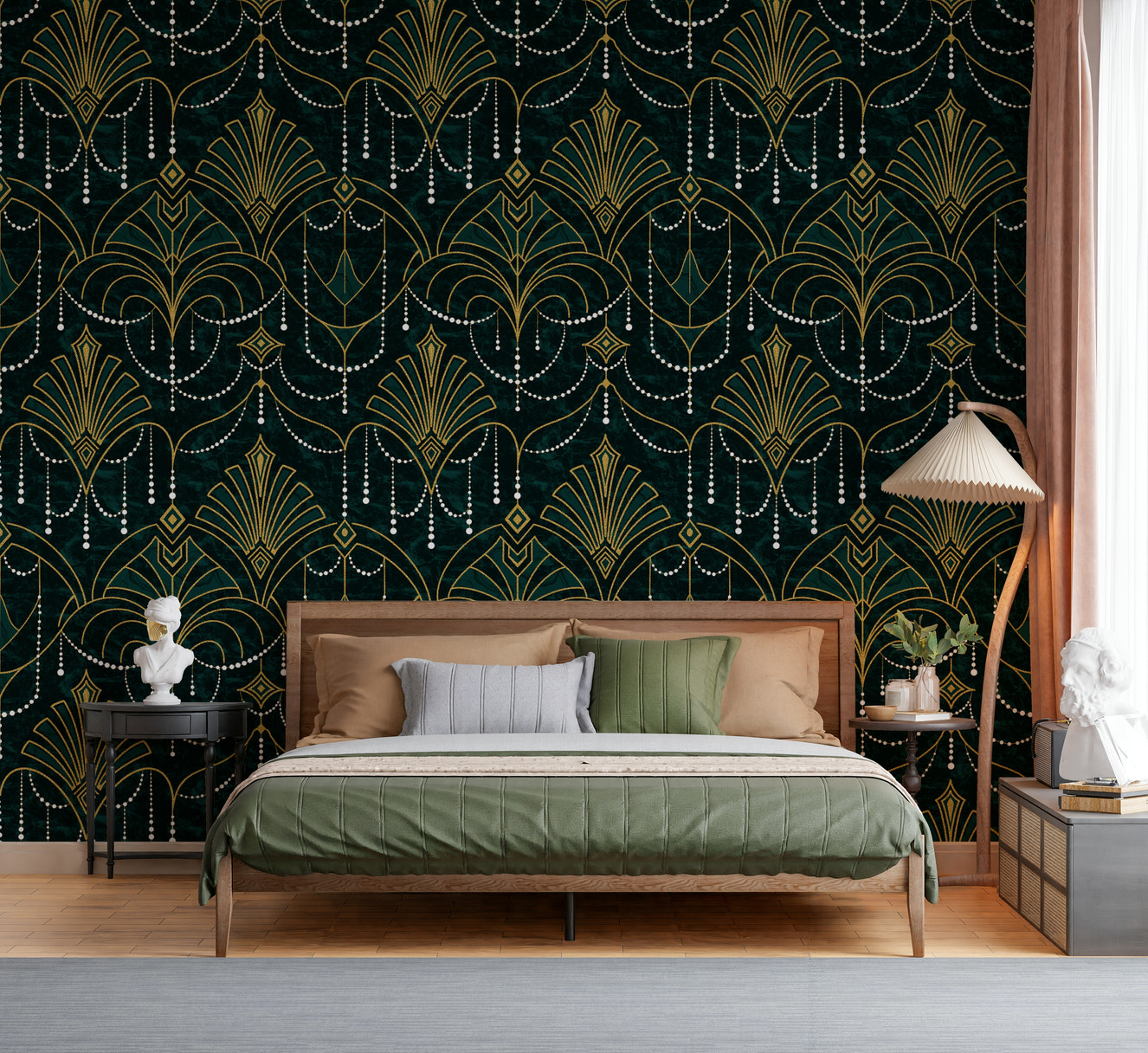 Gilded Emerald Deco Wallpaper featuring luxurious emerald green geometric patterns with gold accents.